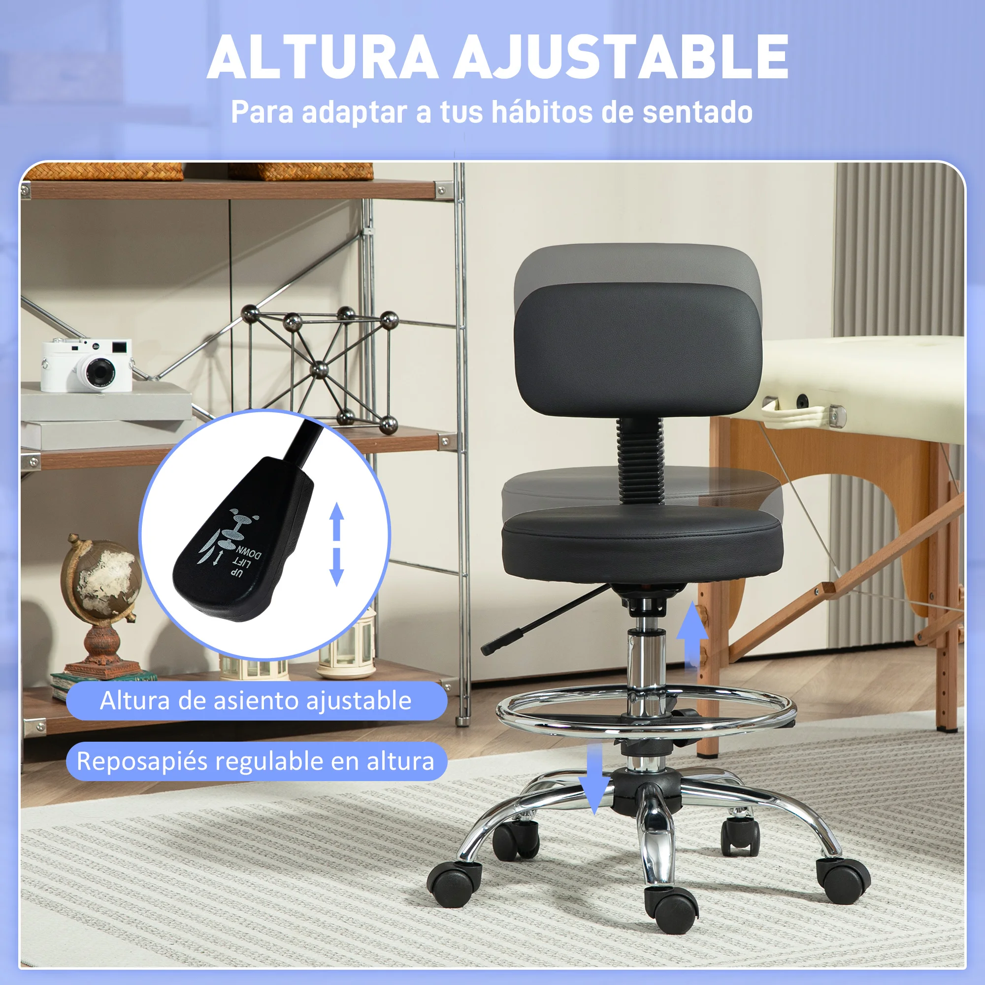 HOMCOM Taburete Giratorio, Taburete con Ruedas y Respaldo, Reposapiés, Altura Ajustable, Tapizado en Cuero Sintético, para Oficina, Dormitorio, Negro - imagen 4