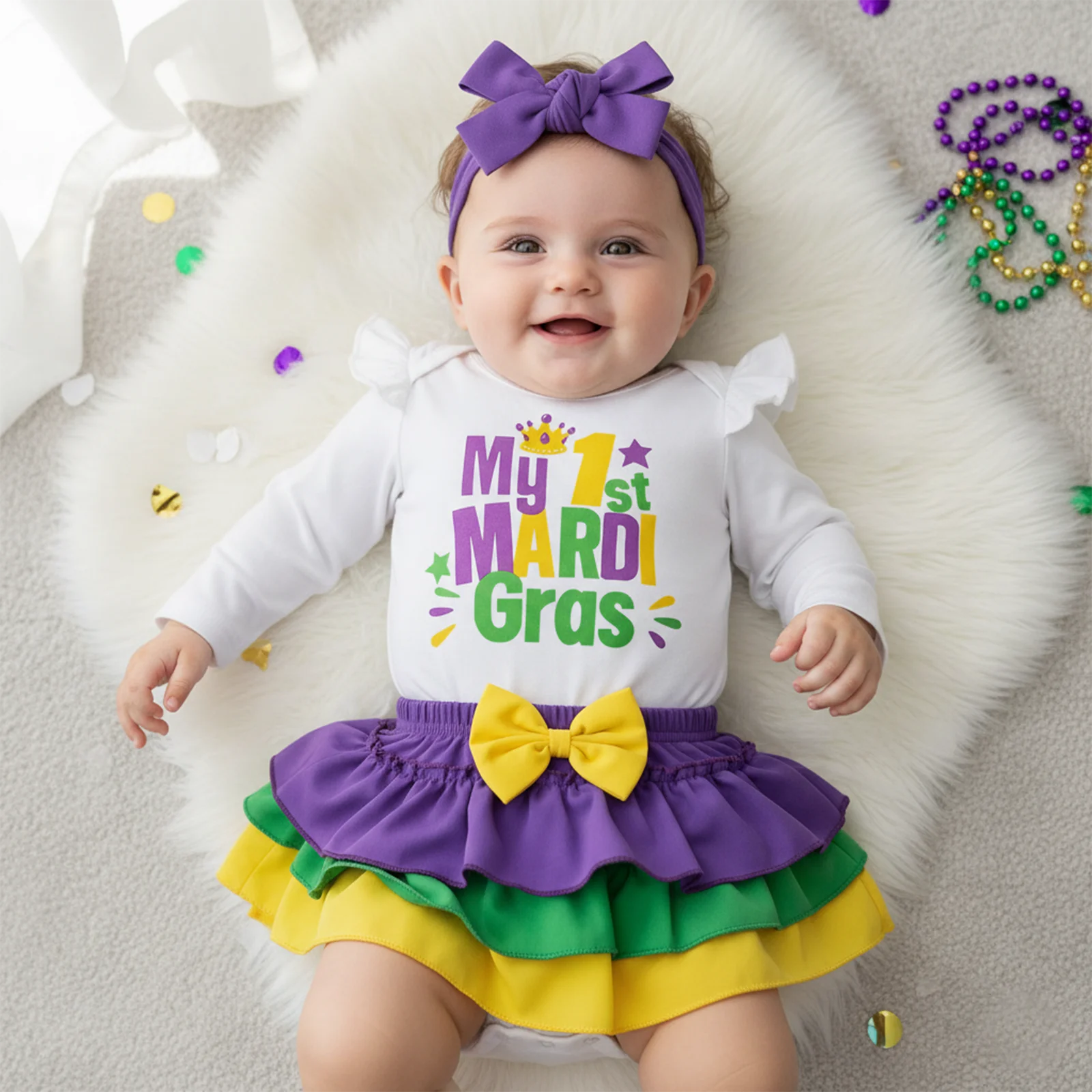 SUNSIOM Conjunto de 3 piezas de mameluco de manga larga con letras de Mardi Gras para niña, falda con gradas y diadema con lazo - imagen 2