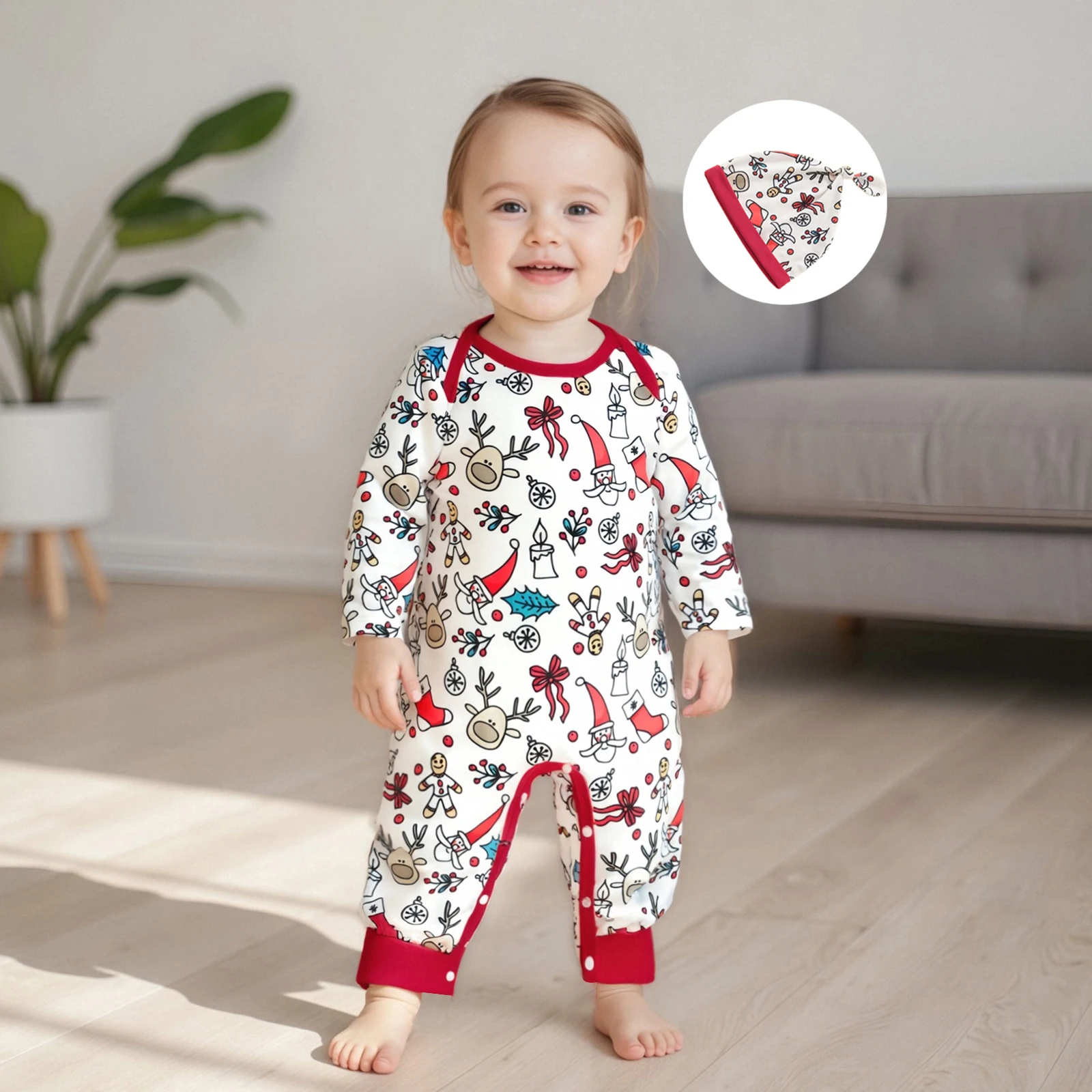 Suefunskry Conjunto de 2 piezas de trajes navideños para bebés recién nacidos, mono con estampado de dibujos animados de manga larga y sombrero