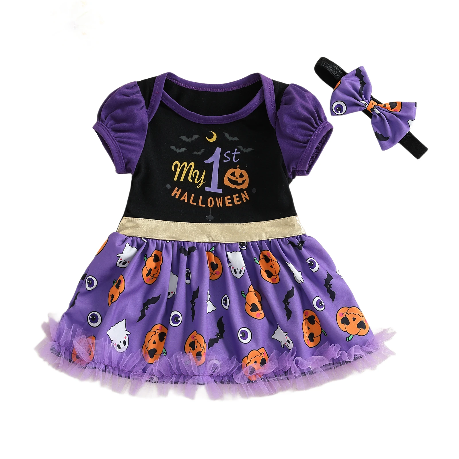 SUNSIOM Traje para niña recién nacida, vestido mameluco con estampado de fantasma de calabaza y letras de manga corta con diadema, ropa de Halloween