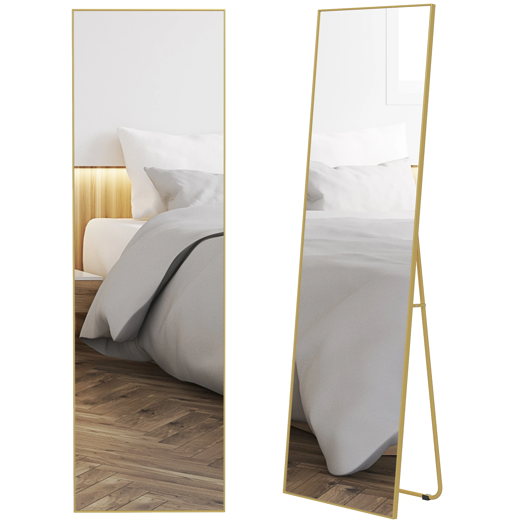 HOMCOM Espejo de Pie Cuerpo Entero con Marco de Aleación de Aluminio Espejo de Pared Rectangular con 2 Formas de Uso para Pasillo Dormitorio Salón 50x161,5x2 cm Dorado - imagen 2