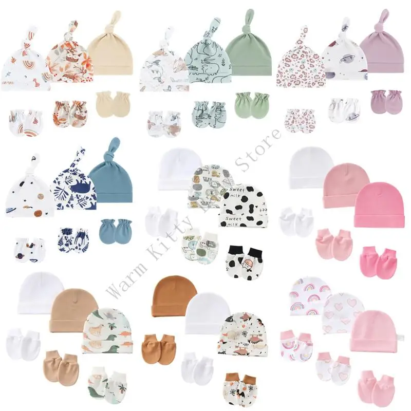 3 juegos de gorro y guantes de algodón suave con estampado bonito para bebé, gorros de Hospital Unisex para primavera y verano, guantes antiarañazos para 0-6M