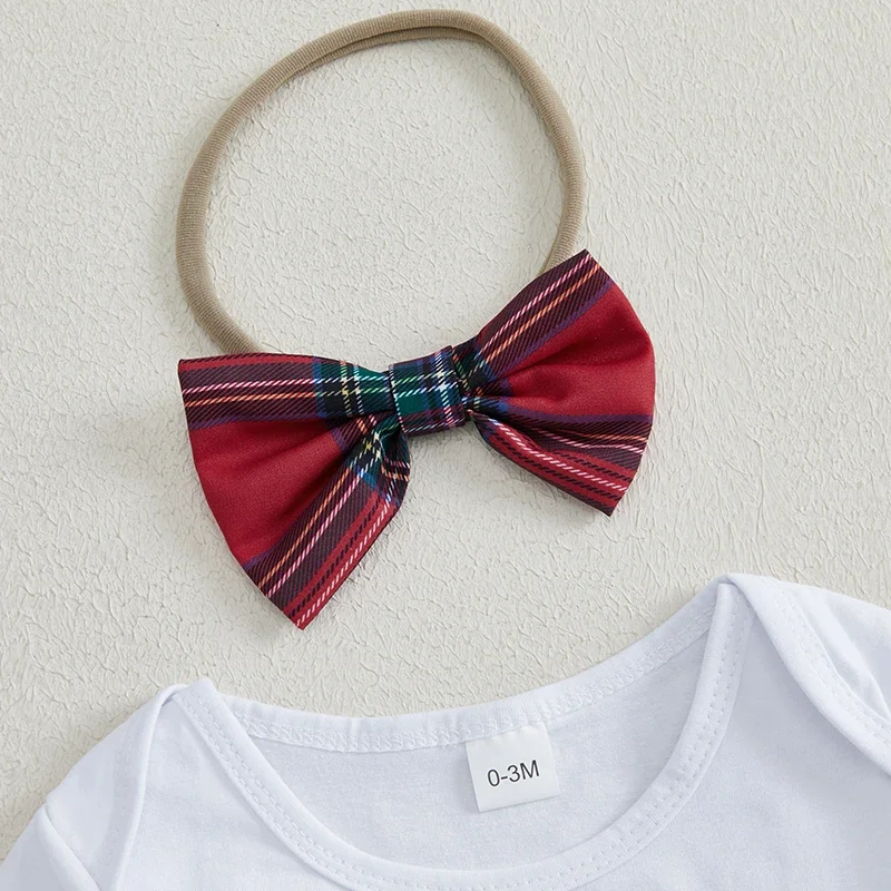 SUNSIOM-Conjunto de falda navideña para niñas, pelele bordado con letras de alce y Papá Noel, diadema de falda a cuadros, 3 piezas, 0-18 meses - imagen 5