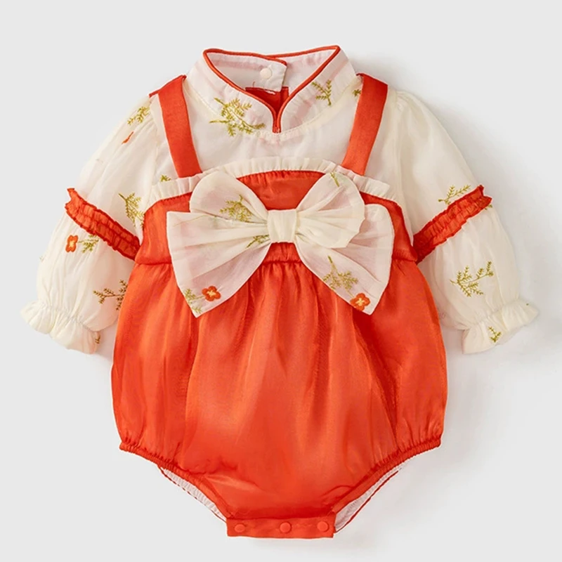 Primavera otoño ropa para niñas recién nacidas estilo chino lindo lazo de flores malla de algodón monos de manga larga y mameluco de una pieza para bebé BC238