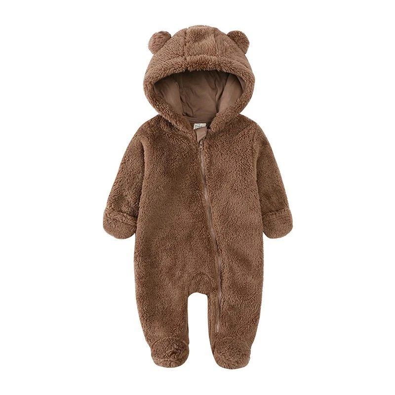 Mameluco unisex con capucha de oso peludo para bebé, cremallera diagonal, mono infantil lindo y cálido para otoño/invierno al aire libre para Navidad