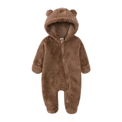 Mameluco bebé unisex con capucha de oso peludo y cremallera diagonal