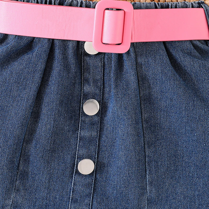 Ropa de verano de 3 piezas para niñas, Tops lisos sin mangas a la moda coreana para bebés, pantalones cortos de mezclilla y cinturón, ropa de Boutique para niños pequeños BC491 - imagen 5