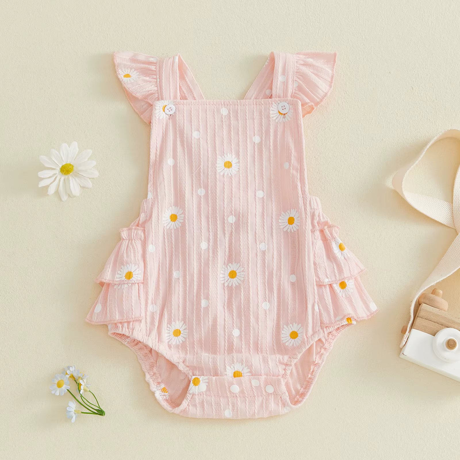 Mono de verano niña estampado margaritas manga volante cuello cuadrado