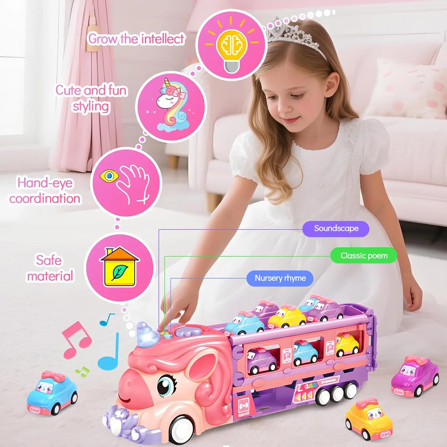Coches para niñas para niños, camiones transportadores plegables de unicornio rosa con luces, coches de princesa musical, regalo de cumpleaños para niños pequeños - imagen 3