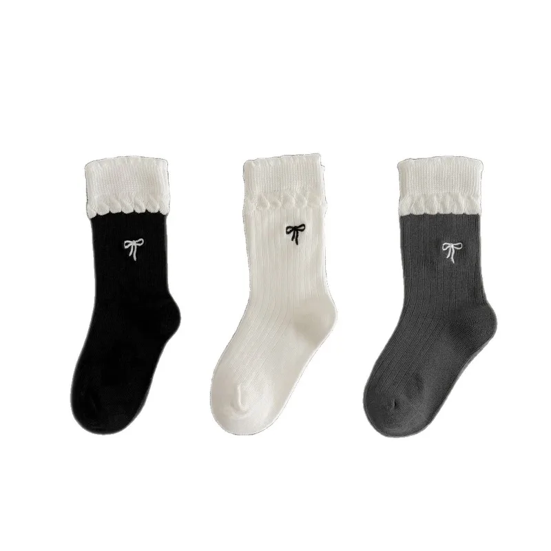 3 par/set calcetines de estilo coreano para niñas de media tripulación con lazo bordado diseño de adorno de encaje calcetines de princesa de algodón para primavera y otoño para niños - imagen 5