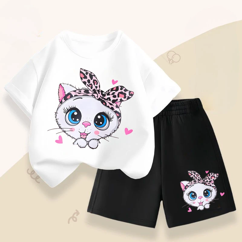Conjunto infantil con estampado de gato para niño – Camiseta y shorts - imagen 2