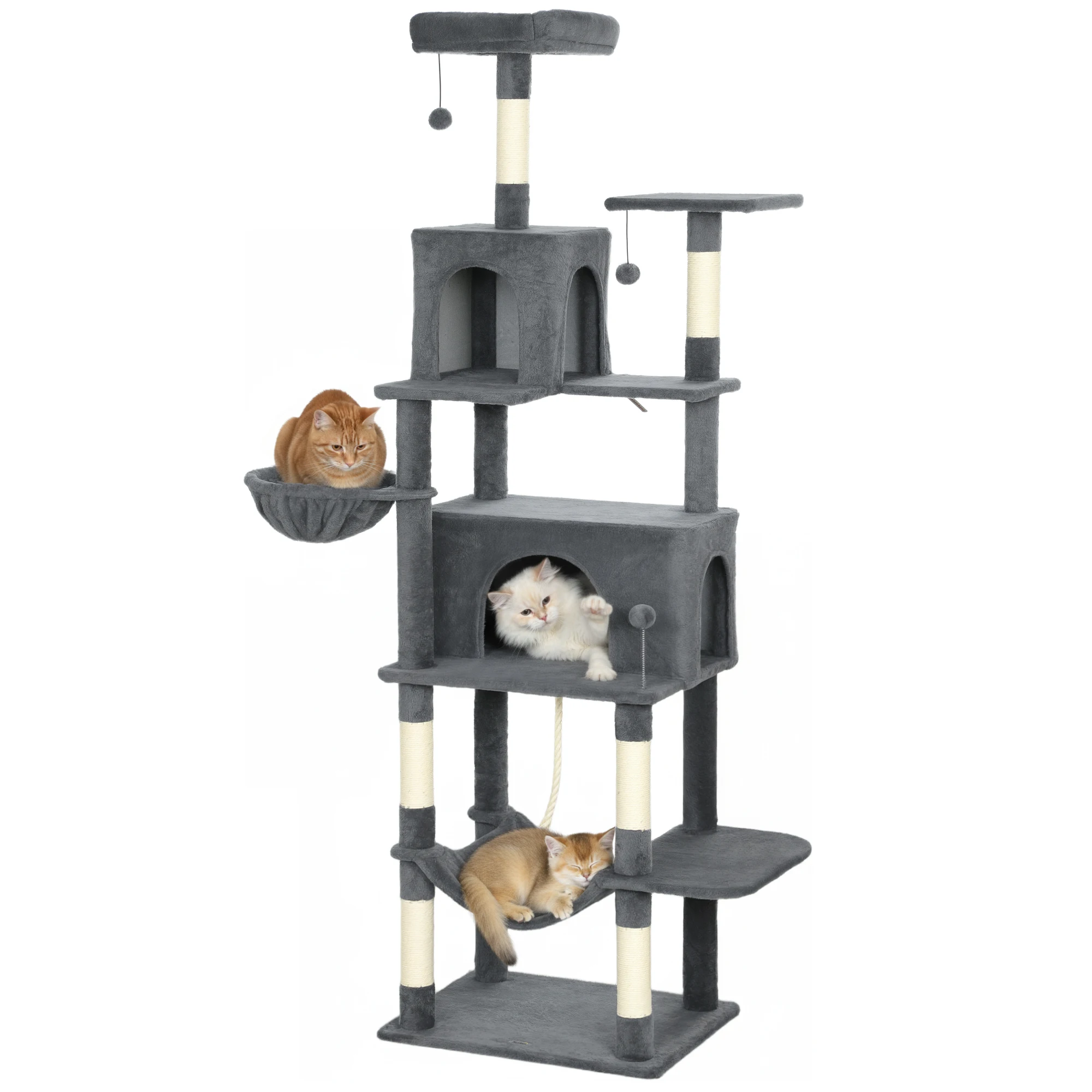 PawHut Árbol Rascador para Gatos, Árbol para Gatos 202 cm, Torre Escalador con Plataformas, Cama, Cuevas, Postes de Sisal, Bolas y Cuerda para Jugar