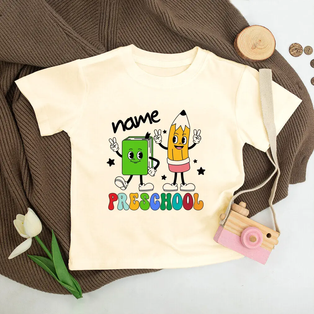 Camisa personalizada para guardería, camiseta con nombre personalizado para volver a la escuela, camiseta Retro de manga corta para niñas y niños, camisetas para niños en edad preescolar de verano - imagen 5