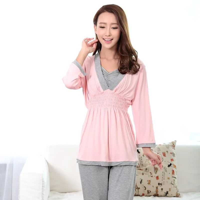 Camisón de maternidad, pijamas de lactancia, ropa de dormir para embarazo, conjunto de pijamas de lactancia para mujer, ropa suave para el hogar para Otoño e Invierno 2 unids/set - imagen 3