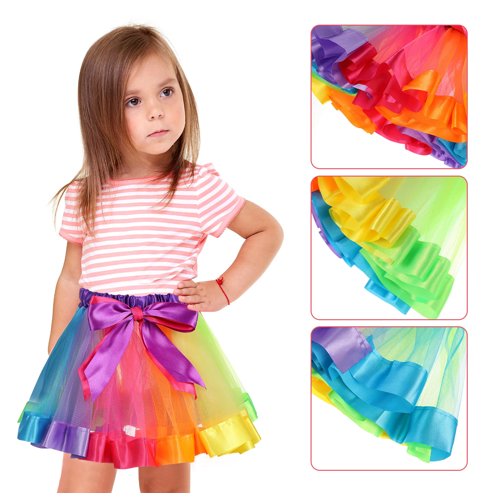Falda tutú de arcoíris en capas para niñas, vestido de baile de Ballet con cintura elástica, cinta con lazo para fiesta de actuación de 4-6 años - imagen 3