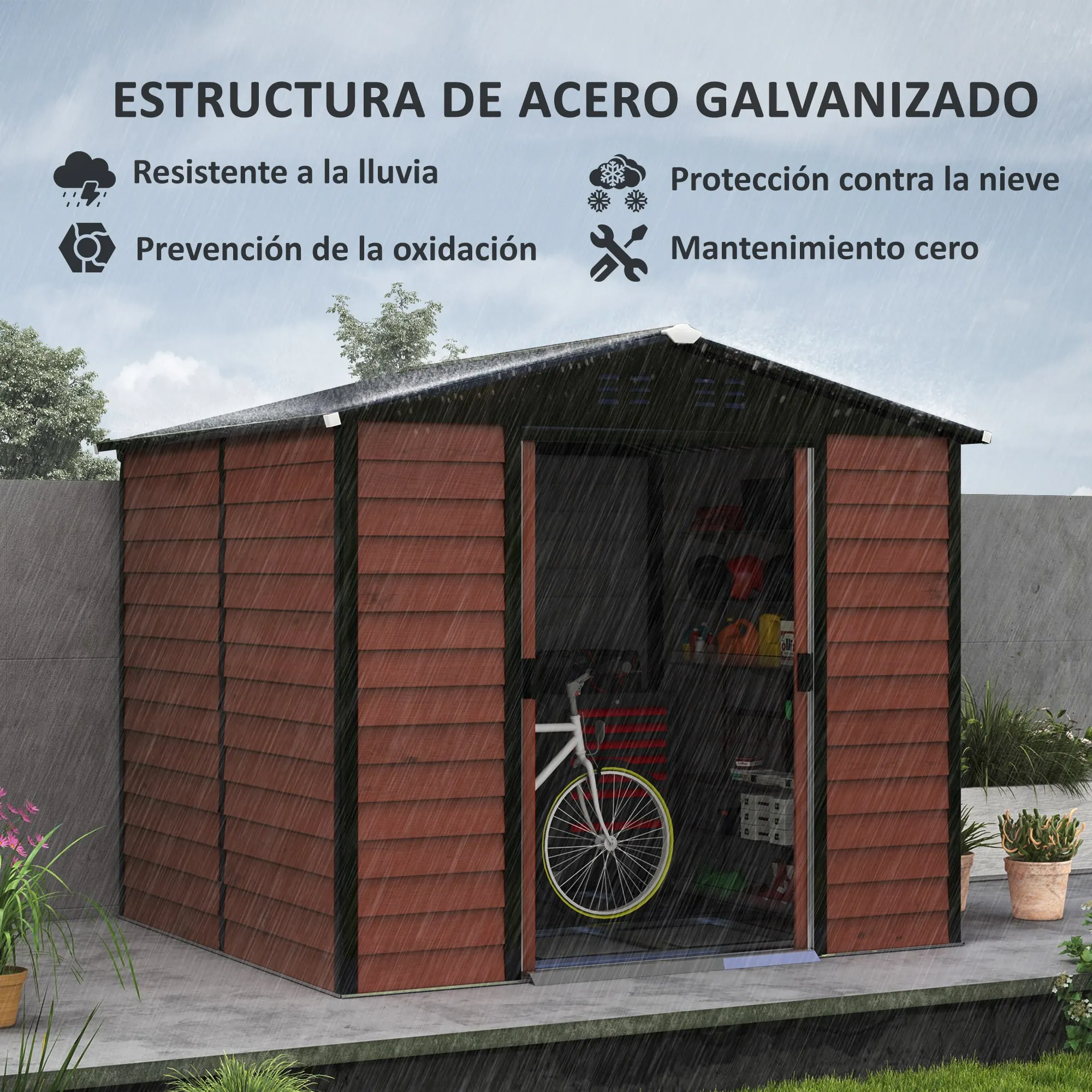 Outsunny Caseta de Jardín Exterior 4,4 m² 240x206x198 cm Cobertizo de Jardín Exterior Puerta Corredera y Cerradura Armario para Jardín Terraza Patio Teca - imagen 4