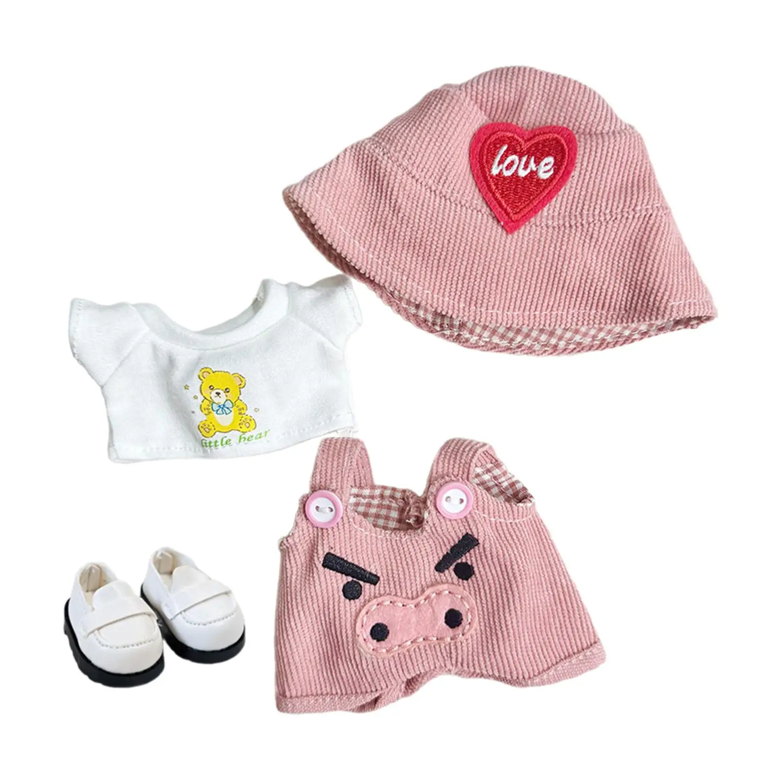 Doll Clothes for 15cm Plush Doll A Pair of Shoes Comfortable Red Heart Hat Fashion Dress up Pocket Suspender Pants Costumes Cute