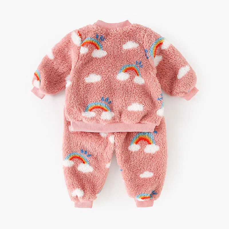 MILANCEL nuevo conjunto de pijama de invierno para niños 9M-5Y dibujos animados Arco Iris niñas ropa gruesa para el hogar patrón de nubes cálidas ropa de casa para bebés 2 uds - imagen 3