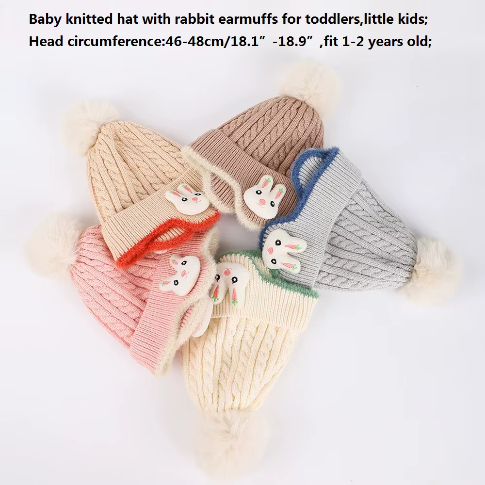 Gorro de bebé con pompón de conejo y orejeras para invierno