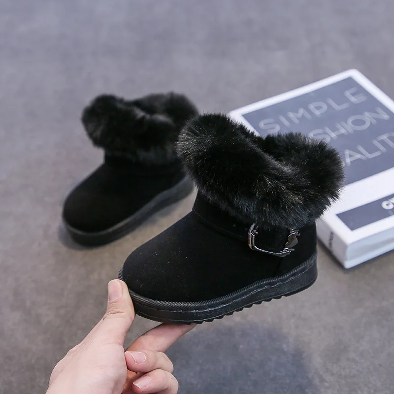 Zapatos de invierno para niños, botas cálidas felpa sólidas niñas, nieve informales exteriores, zapatillas deporte piel antideslizantes suaves, botines cuero PU - imagen 3