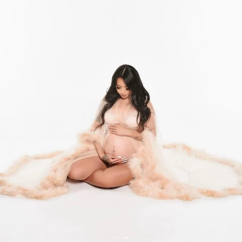 Vestido de fotografía de maternidad, vestido largo de tul de piel suelto para embarazo, vestido de fiesta para embarazadas de manga larga, vestido elegante de boda para la mañana - imagen 2