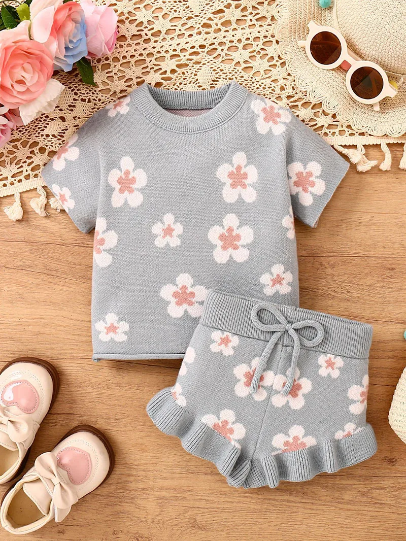 MILANCEL, nuevo conjunto de ropa infantil de verano 0-3T, Camiseta de punto con flores bonitas para niños pequeños + Bloomer, traje dulce para bebé, 2 uds., regalo para niñas