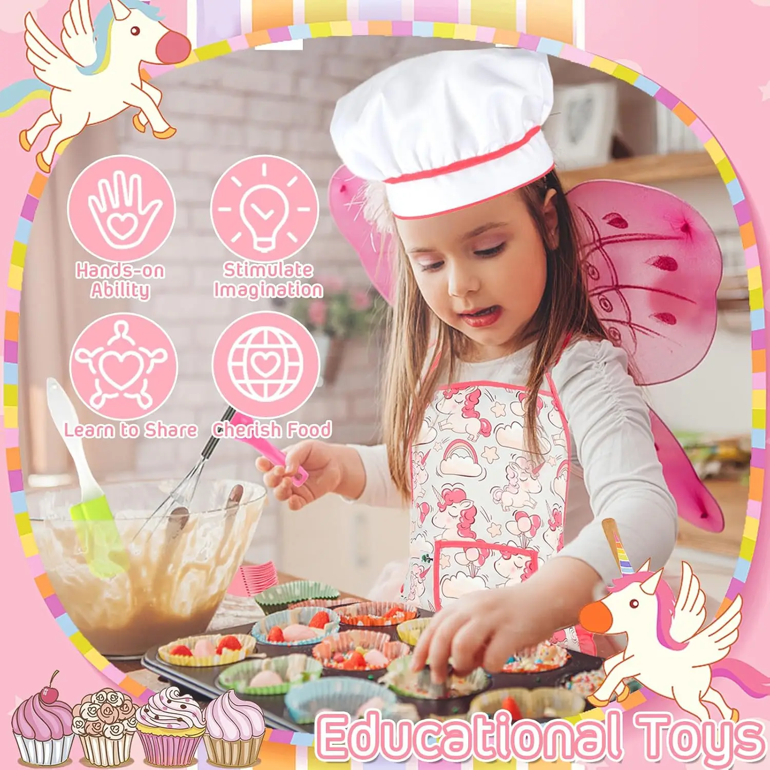 Juego de Chef para hornear para niños con delantal de unicornio y manopla, juego de cocina para niños con gorro de Chef, cucharas, batidor, vestir, regalos de juego de rol para niñas y niños - imagen 5
