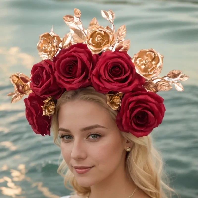 Diadema corona de flores rosa burdeos – tocado para fiesta - imagen 4