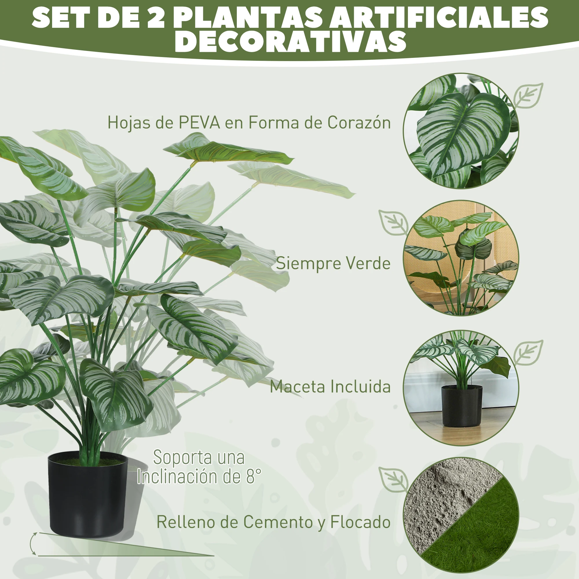 HOMCOM Conjunto de 2 Plantas Artificiales Decorativas 65 cm Plantas Artificiales con Maceta y Hojas para Interior Hogar Salón Oficina Verde - imagen 4