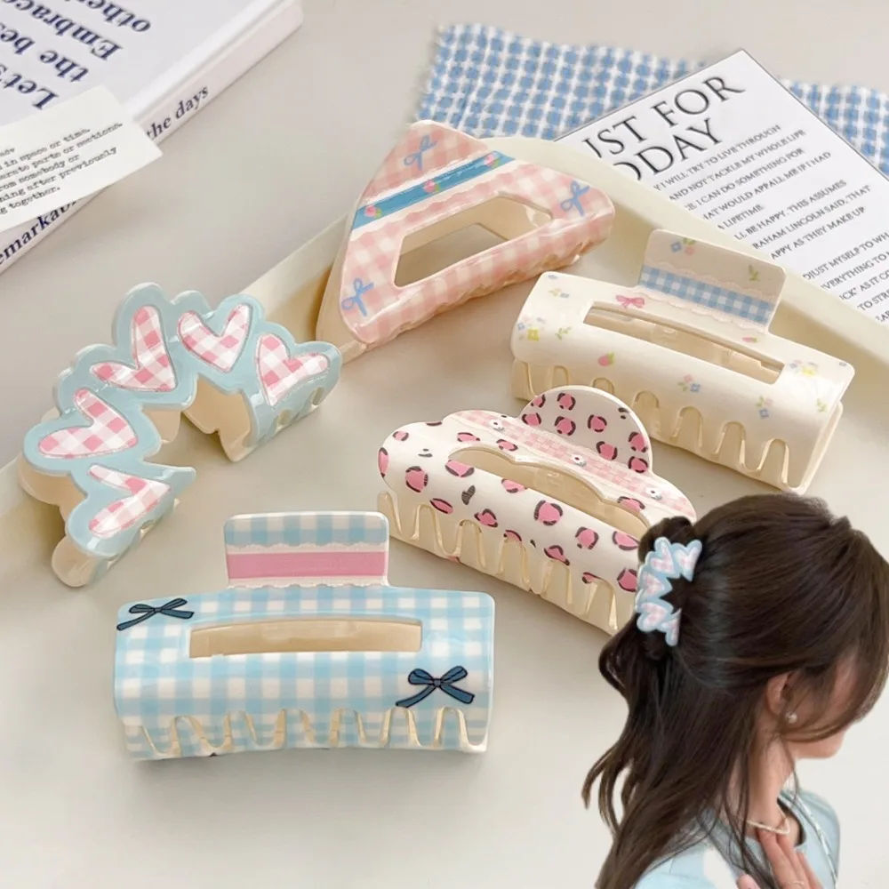 Pinza para el pelo con lazo a cuadros Floral para niña, pinzas para el pelo acrílicas con forma de corazón y cangrejo, tiburón para mujer y niña, horquilla, accesorios para el cabello