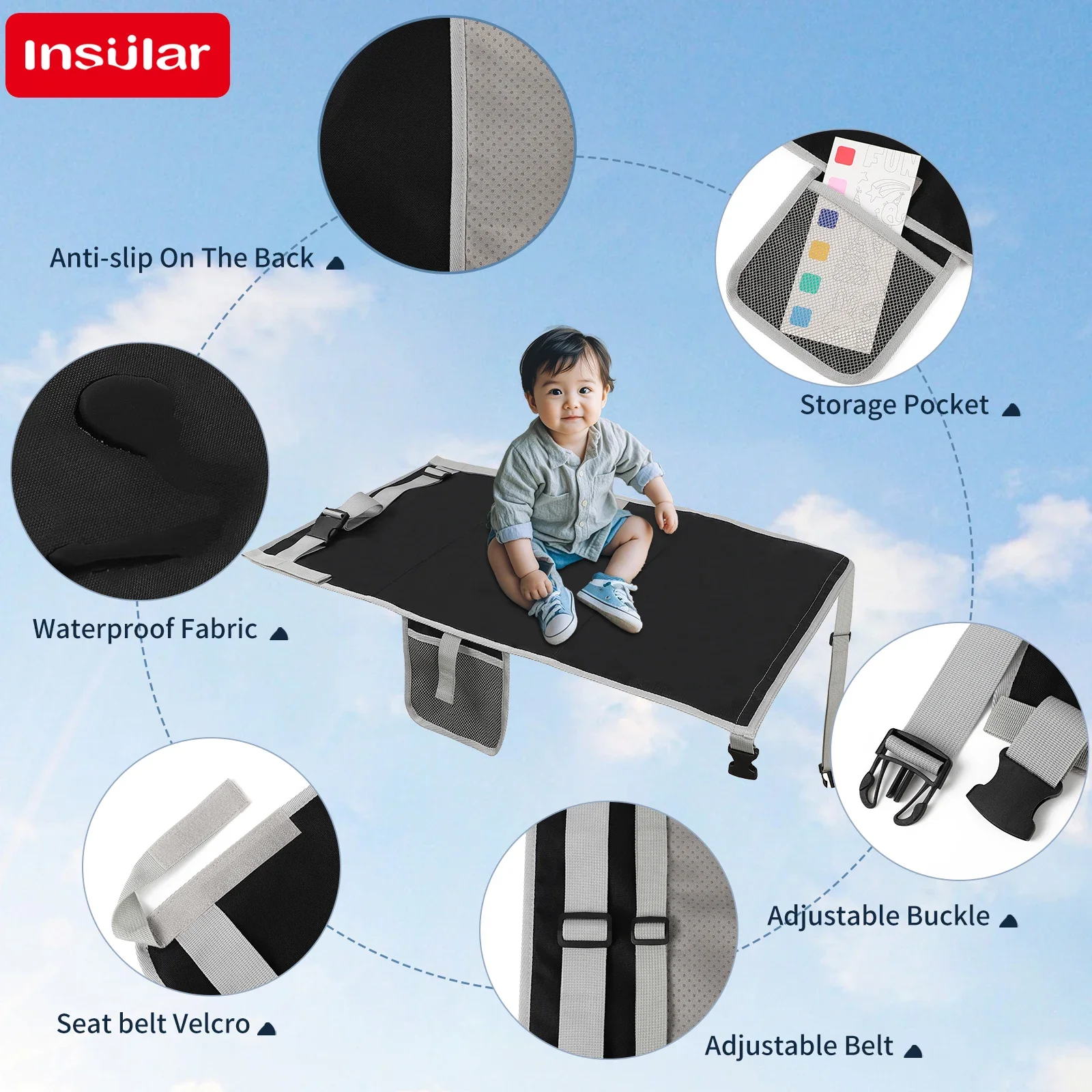 INSULAR-cojín extensor de asiento de avión para niños, almohadilla extensible de asiento portátil, hamaca para niños, cama de viaje, reposapiés plegable, elementos esenciales de viaje