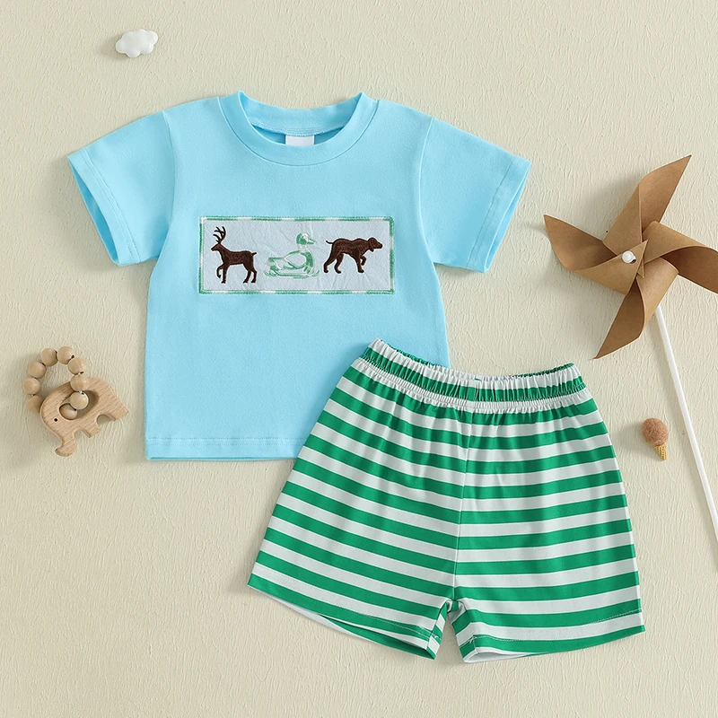 SUNSIOM Traje de verano para niño pequeño de 0 a 3 años, camiseta de manga corta con cuello redondo y pantalones cortos a rayas, conjunto de 2 piezas