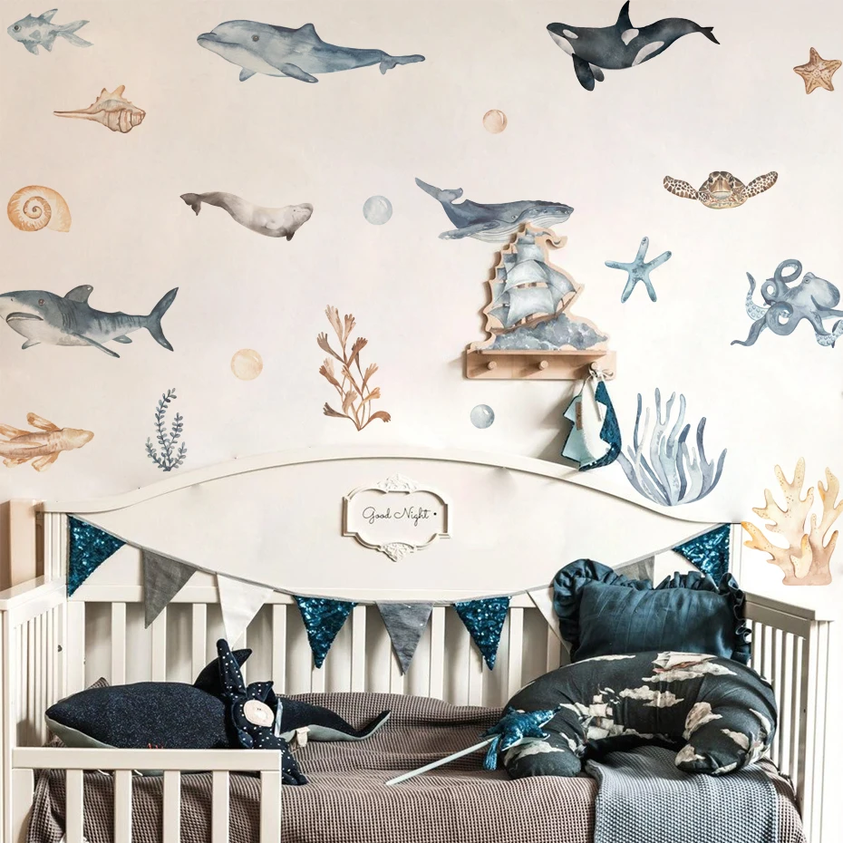 Vinilos pared tiburón dibujos animados decoración habitación infantil