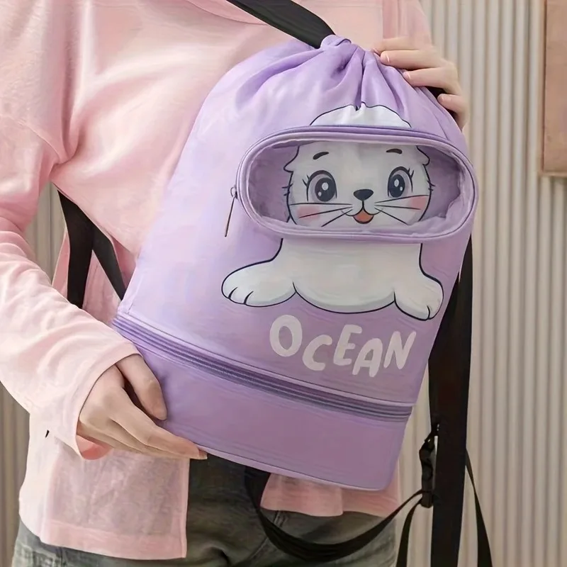 Bolsa de gimnasio con cordón para niños, mochila impermeable con cordón, bolsa de natación con compartimento, bolsa deportiva con cordón para natación húmeda - imagen 3