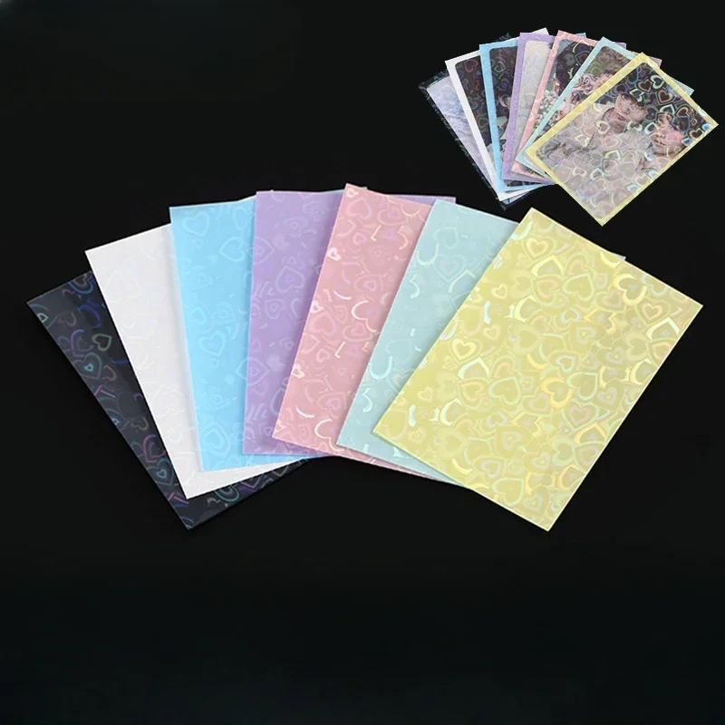50 unids/lote 61*91mm corazón amor láser parpadeante fundas para tarjetas Protector para tarjetas fotográficas película protectora de lámina holográfica