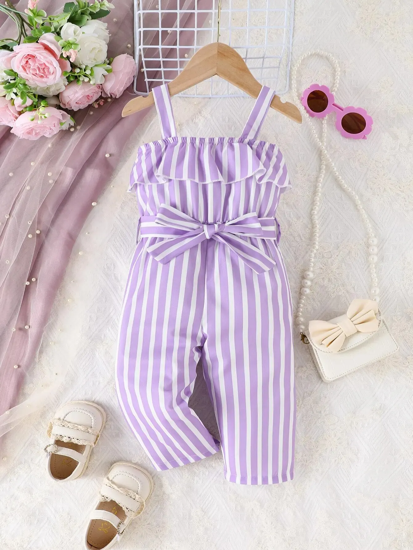 Vestido bebé niña con cinturón de rayas moradas para verano cómodo - imagen 5