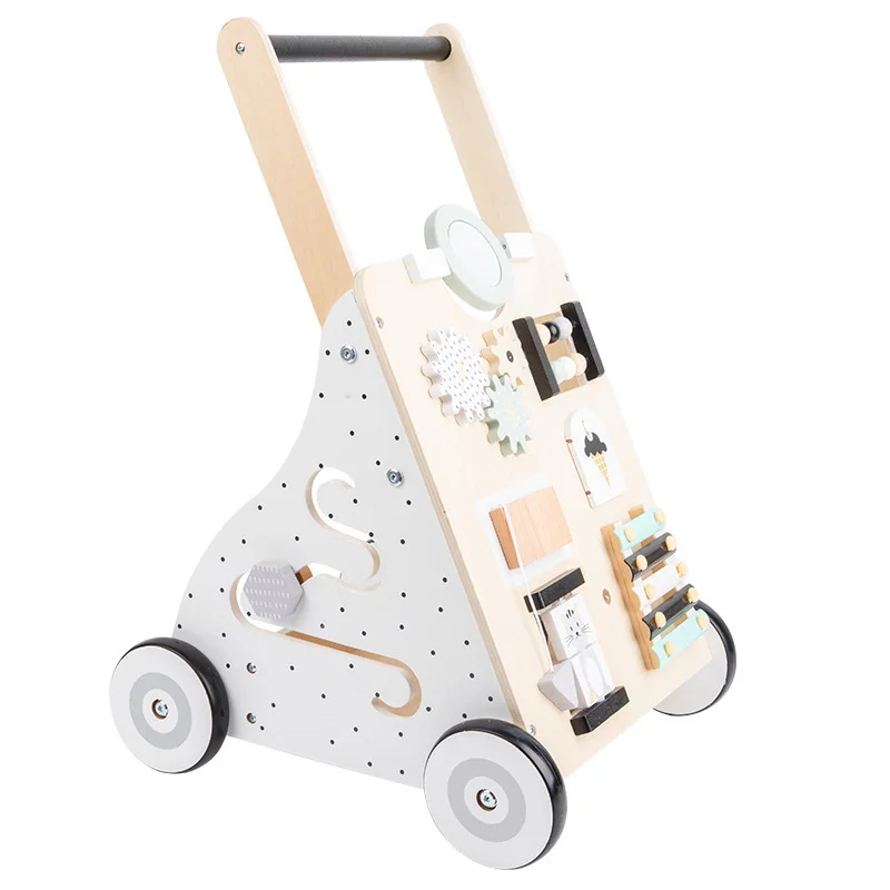 Carro de andador de madera para bebés, diseño de pierna antivuelco y en forma de O, juguete para caminar de aprendizaje multifuncional ajustable para niños pequeños - imagen 5