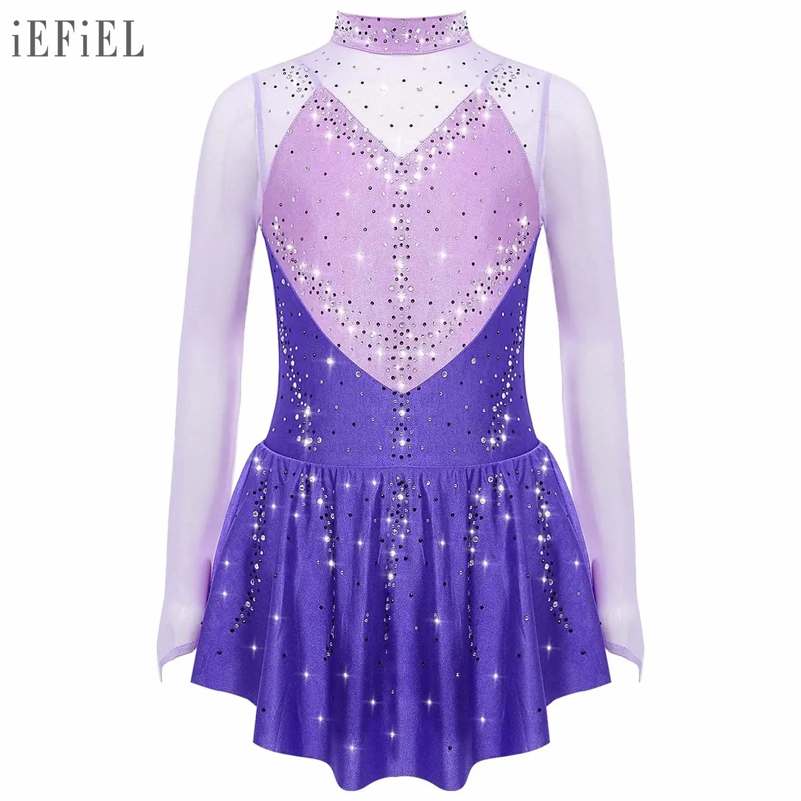 Vestido de baile de patinaje artístico para niñas, leotardo con falda para gimnasia y Ballet, vestido de malla transparente con diamantes de imitación y bloques de Color de manga larga