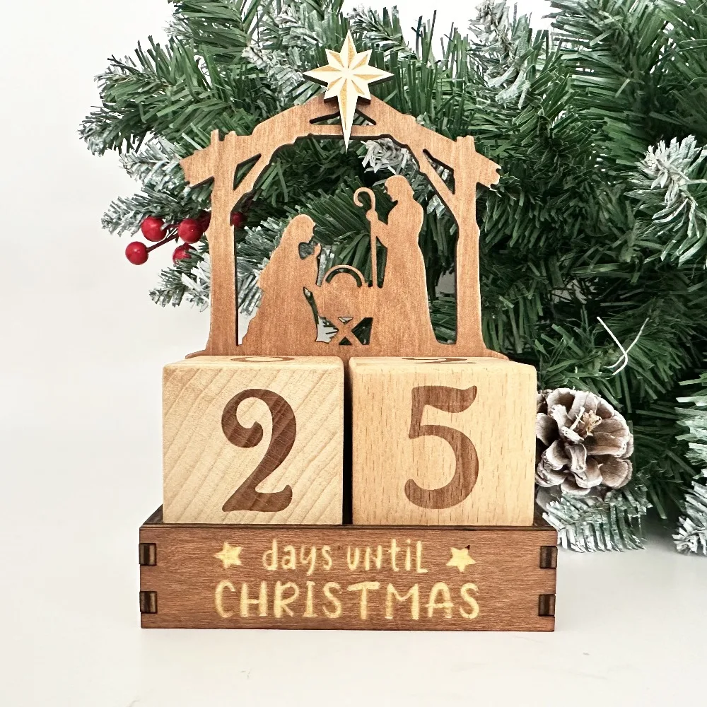 Calendario de Adviento de Natividad de madera, bloques de cuenta regresiva, días hasta Navidad, decoraciones navideñas de invierno para el hogar, mesa y oficina - imagen 4