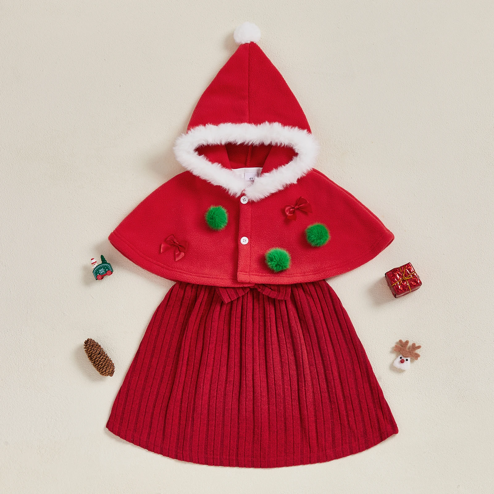 SUNSIOM Conjunto de 2 piezas de traje de Navidad para niña pequeña con lazo de bola de piel y capa con capucha y vestido sin mangas de una línea