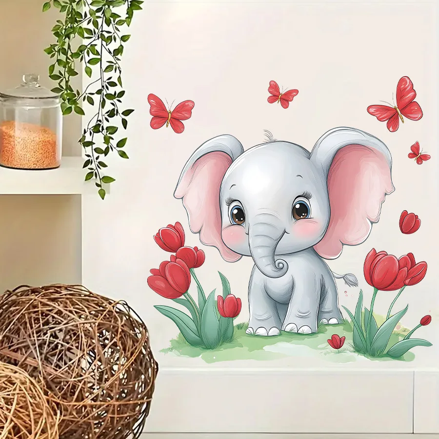 Pegatinas de pared de mariposa y elefante de dibujos animados, pegatinas de pared autoadhesivas, pegatinas de decoración de embellecimiento para habitación de niños
