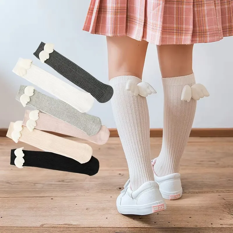 Calcetines con alas de Ángel para niñas pequeñas, calcetines largos de algodón suave para niños pequeños, calcetines sólidos hasta la rodilla para niños de 1 a 10 años