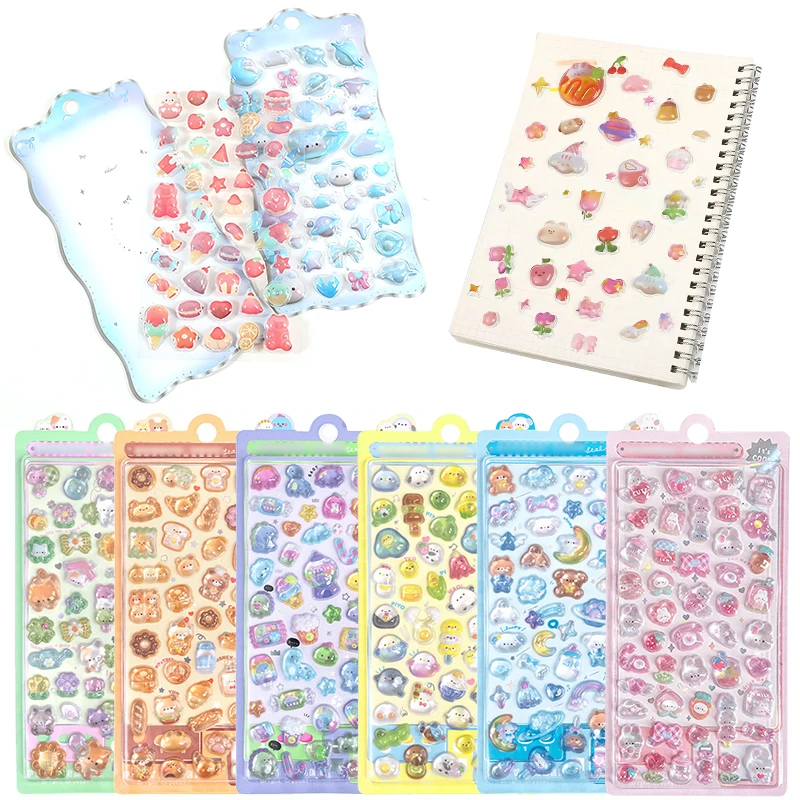 Pegatina en relieve de dibujos animados 3D, oso, cachorro, pollito, conejos, caramelo, planeta, pan, océano, parche de gelatina de cristal, pegatinas en relieve, papelería ZYF