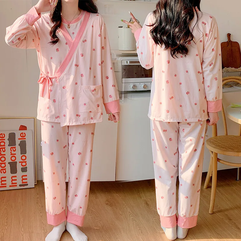 Conjunto de pijamas de maternidad para lactancia, camisón de lactancia estampado de algodón, ropa de dormir para el hogar, moda de primavera y otoño, 3 uds. - imagen 3