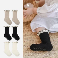 2 pares de calcetines bonitos a la moda con volantes para niño niña, calcetines de Color marrón café de princesa dulce para niños, calcetines de algodón suave para primavera y otoño