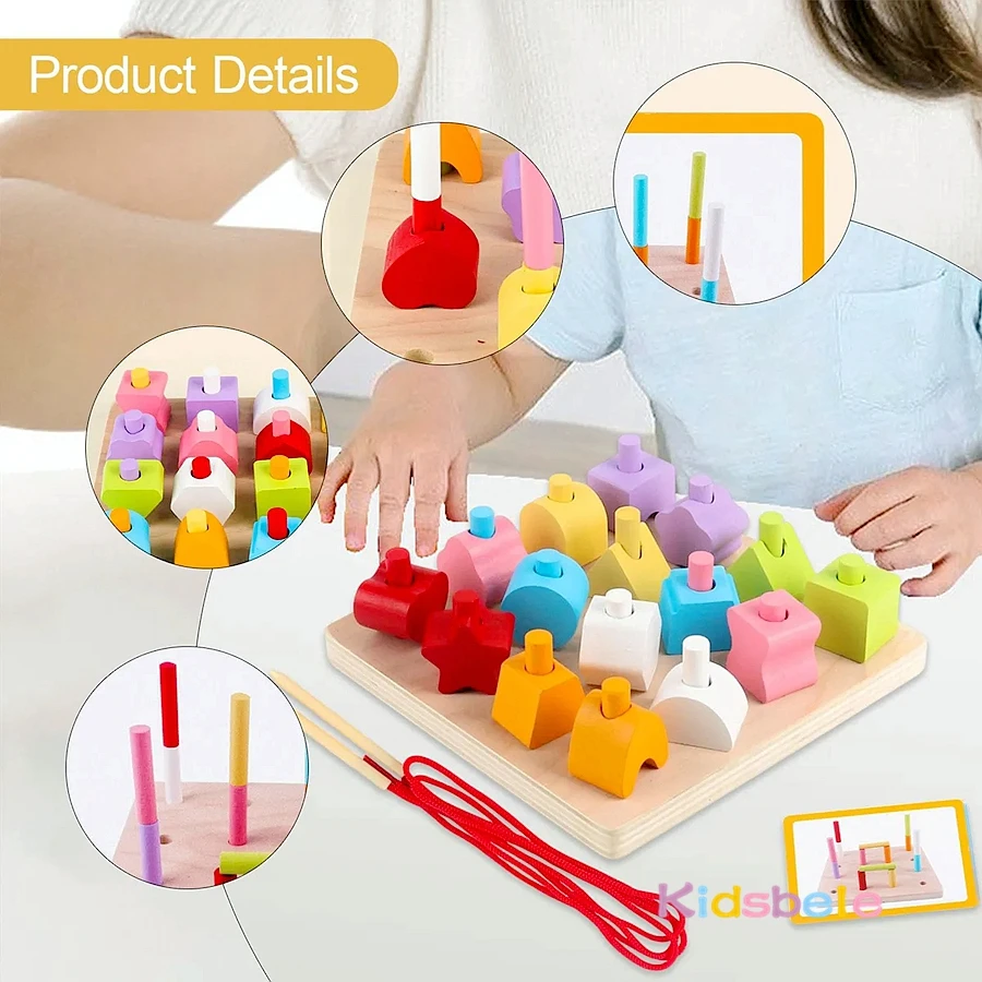 Juego de enhebrado de cuerdas de cuentas de madera Montessori, juego de rompecabezas a juego con formas geométricas de colores, clasificación de colores, juguetes de aprendizaje preescolar - imagen 2