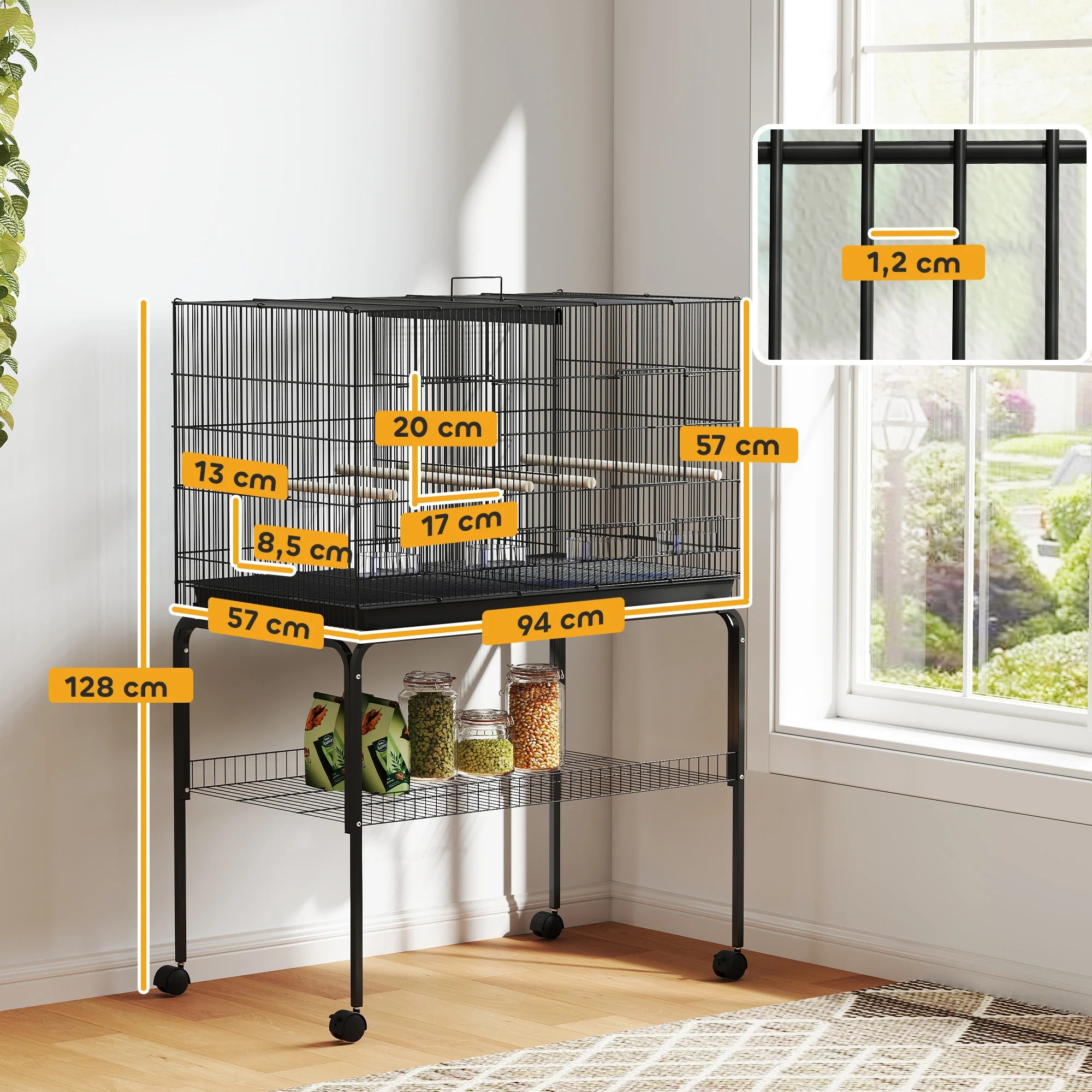 PawHut Jaula para Pájaros con Divisor Jaula con Ruedas para Mascota Aves Loros Canarios Pajarera con Comederos Perchas y Bandeja Extraíble 94x57x128 cm Negro - imagen 3