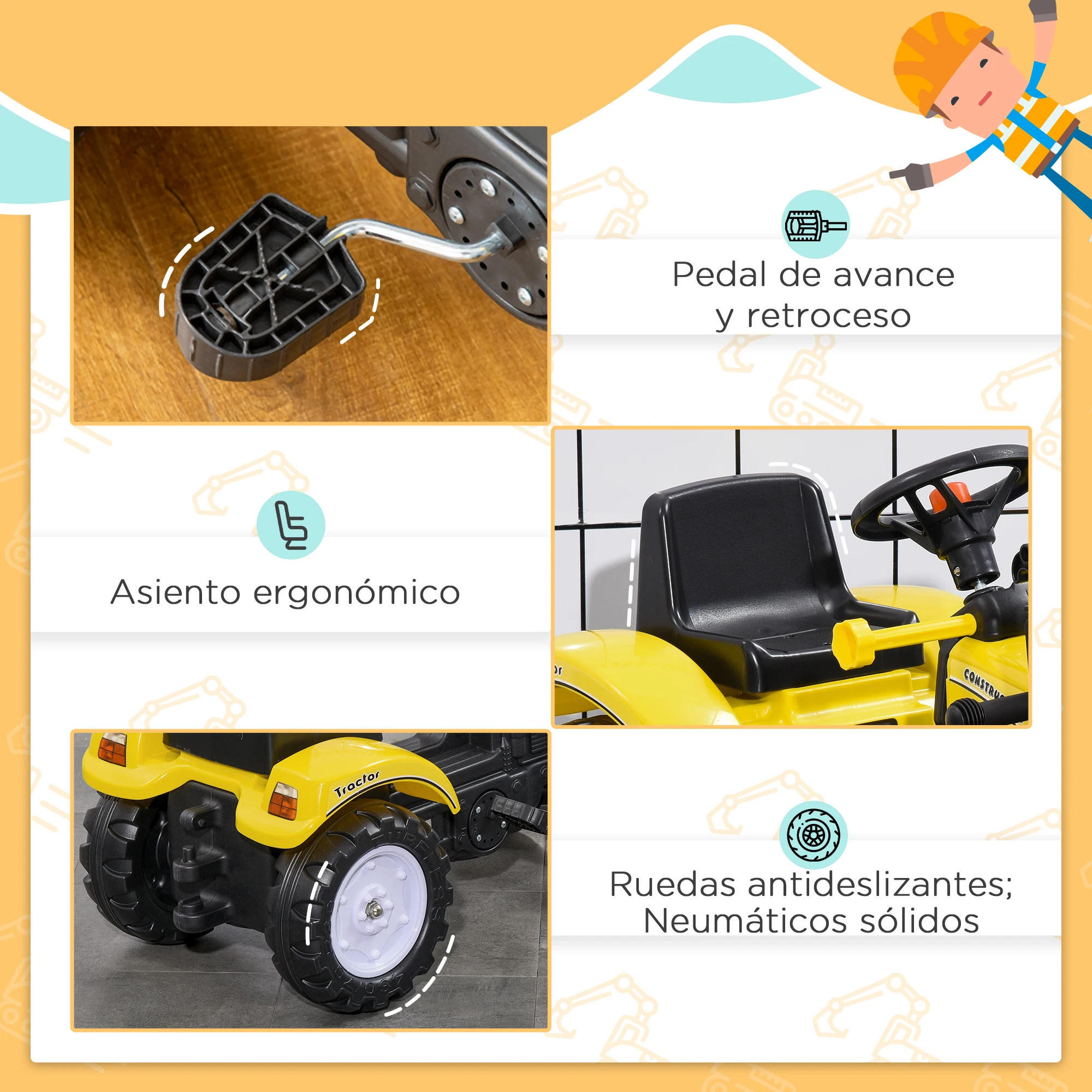 HOMCOM Tractor a Pedales para Niños de 3 Años Excavadora Camión con Pala Delantera Juguete de Montar Coche de Pedales Carga 35 kg 114x41x52 cm Amarillo - imagen 4