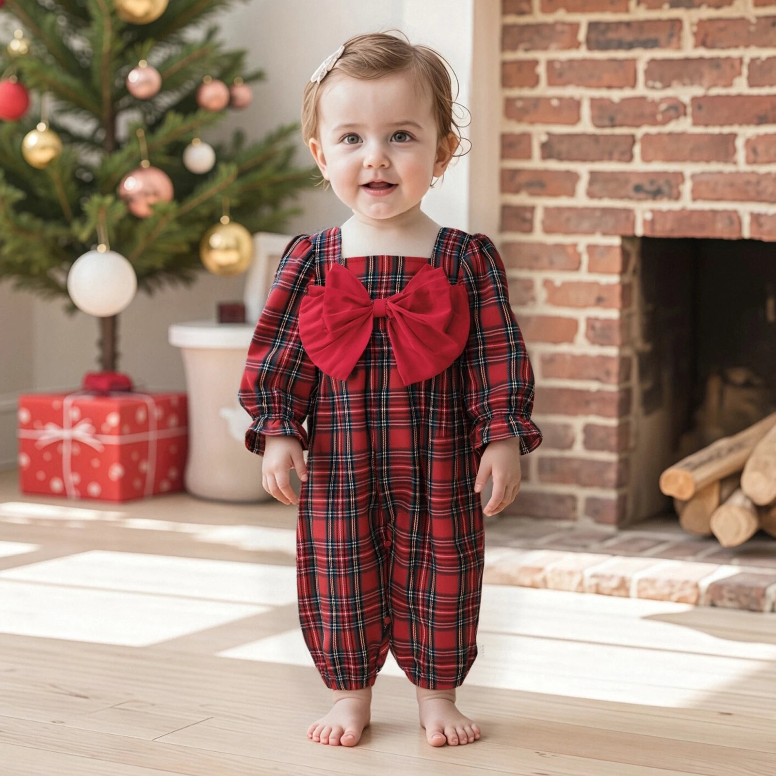 Suefunskry Mameluco a cuadros de Navidad para niña recién nacida, mono con lazo grande, manga larga, cuello cuadrado, diadema