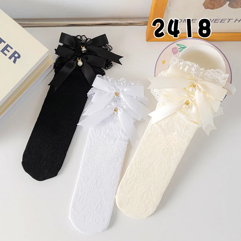 Calcetín Retro de princesa dulce para niños y niñas, calcetín calado de Color sólido con lazo a la moda, calcetín escolar de algodón fino de verano - imagen 4